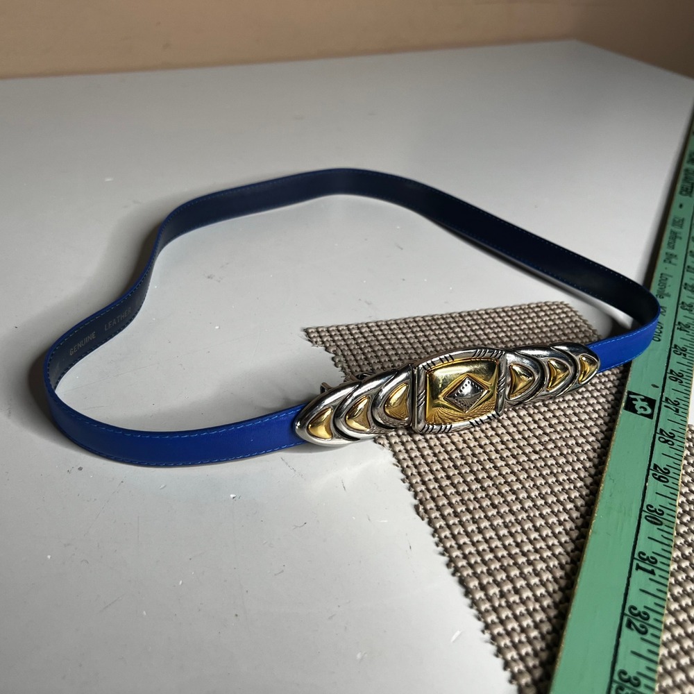 Vintage Dame Royal Blue Leather Belt Mixed Metal Two Tone Buckle Size Medium 80s